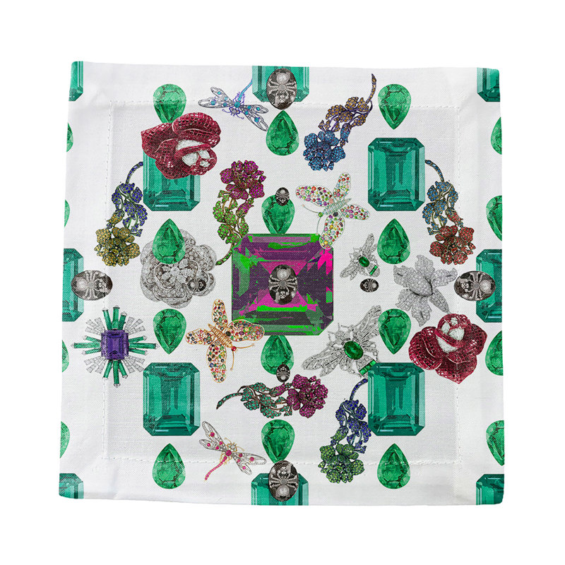 Jewel Box Emeralds Cotton Sateen Cocktail Napkins, White