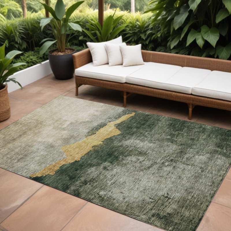 Tapis extérieur lavable abstrait 10 pi x 14 pi vert fougère