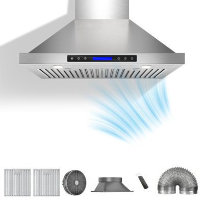 30 inch 900 CFM Convertible Wall Mount Range Hood 4 Speed Quiet Stainless Steel Remote and Touch Panel Control with LED Lights
