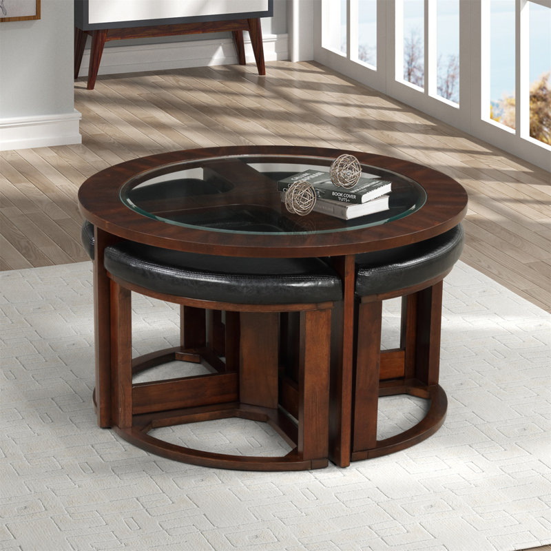 Cylina Solid Wood Glass Top Round Table Set, Coffee Table With 4 Stools