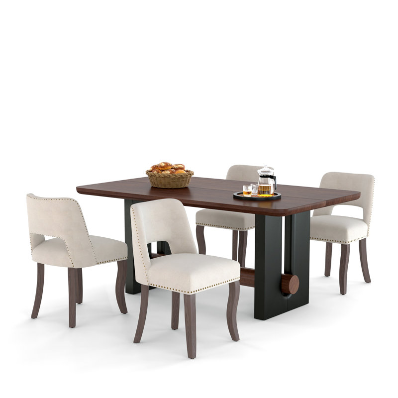 Table compacte en noyer et noir avec 4/6 chaises en tissu, style compact pour la cuisine / salle à manger, Beige