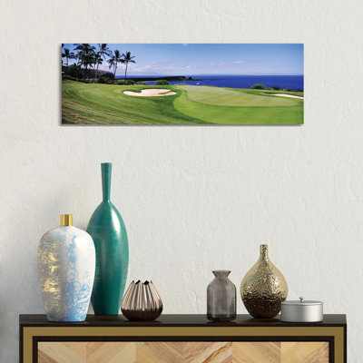 Golf course at the oceanside, The Manele Golf course, Lanai City, Hawaii, USA 1 Piece Wrapped Canvas Panoramic Wall Art
