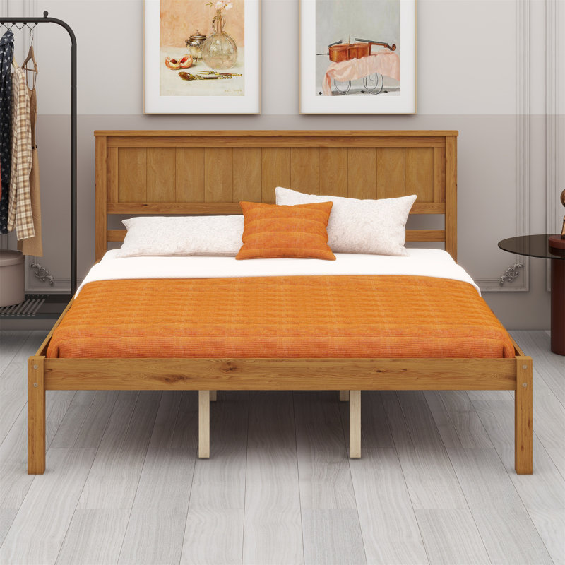 Base de lit plateforme avec tête de lit, support à lattes de bois, Chêne