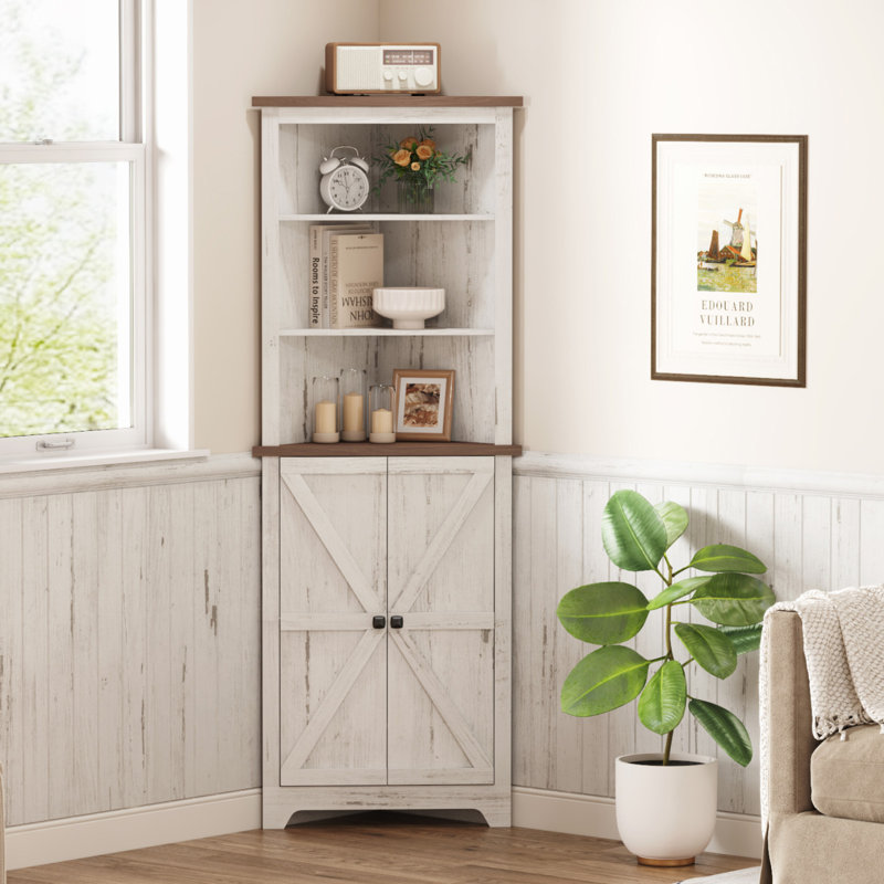 Rustic White Tall Corner Cabinet with Adjustable Shelves
