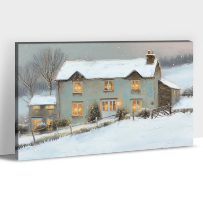 Art mural sur toile grand chalet d'hiver - Paysage de neige, décoration murale, scène de village d'hiver pour salon, Winter Wonderland Home