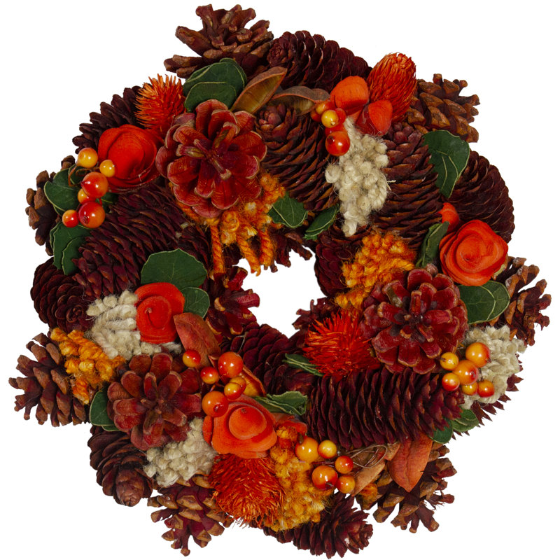 Couronne de moisson artificielle hortensia et pomme de pin - non éclairée, H 10 po x l 10 po x P 2,5 po