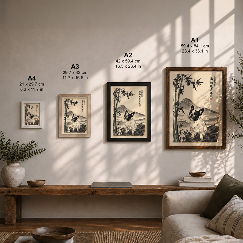 Cat Among Bamboo Japandi - Framed Print, A3 - 42.0 x 29.7 cm, Black