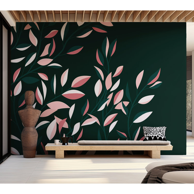 Papier peint botanique - Vigne fleurie abstraite, L 110 po x l 157 po