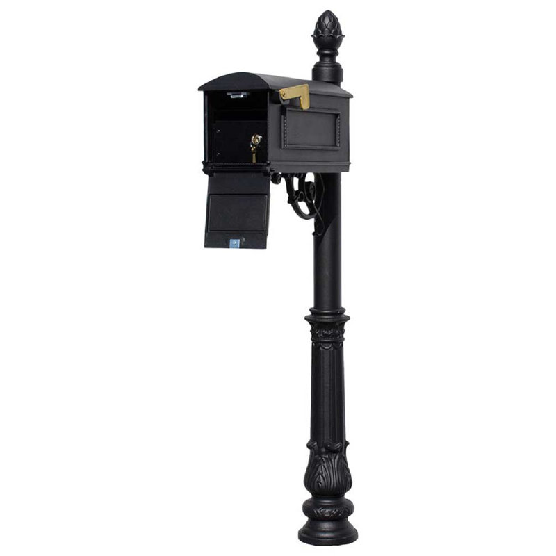 Lewiston Aluminum Post Mounted Mailbox with Magnetic Closure, Black, Black, Black