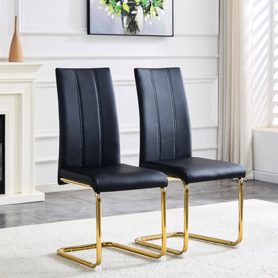 2 Black Pu Upholstered Side Chairs With Gold Legs - Great For Dining, Kitchen & Guest Spaces, Comfortable Seating Environment Dining Luxury Gold- Tube Perfect Living Areas, Configuration