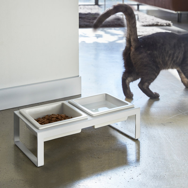 White Elevated Steel and Ceramic Pet Food Stand with Two Bowls