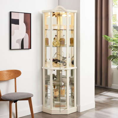 Glass Bar Cabinet With , Arched Floral Design, And Removable Tempered Shelves White Lighted Carving For Display