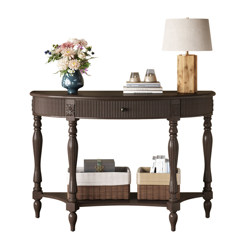 Console demi-lune en bois massif avec tiroir et tablette, Deep Rustic Brown