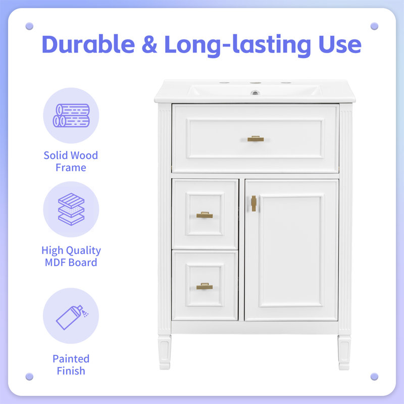 Meuble-lavabo simple autoportant 24 po avec comptoir en céramique, tiroirs, tablettes et tablette réglable, Blanc