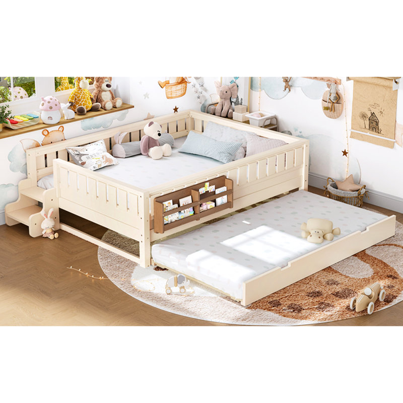Grand lit beige avec bibliothèque intégrée, lit gigogne, rampes d'escalier arrondies, confortable pour, bibliothèque de chevet en bois de pin, lit gigogne pour invités inattendus, conception et fabrication