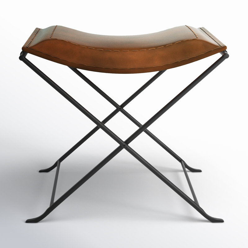 Sanford Iron Accent Stool, Brown Genuine Leather