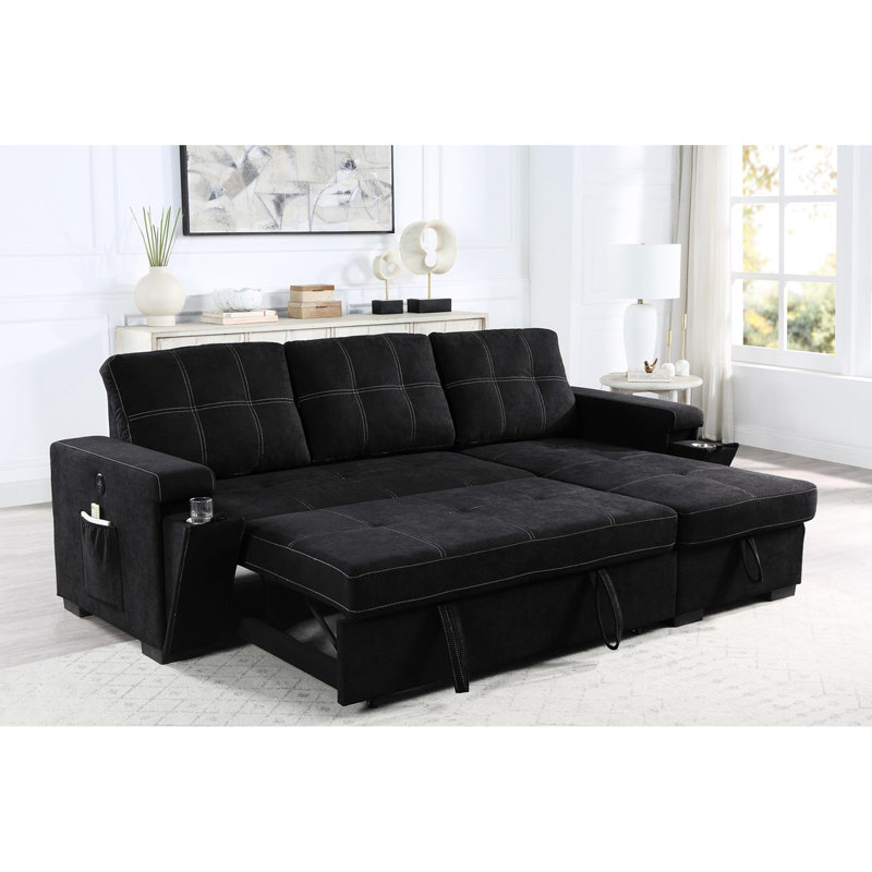 Canapé-lit modulaire réversible de 95 pouces Oby, chaise de rangement, USB, noir