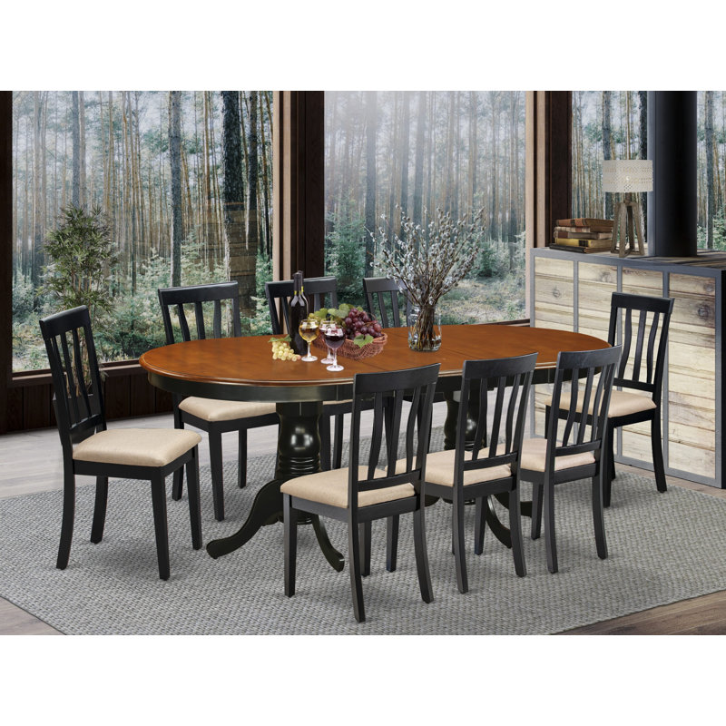 9 Piece Dining Table Set Includes an Oval Dinner Table with Butterfly Leaf and 8 Linen Fabric Dining Room Chairs, Black & Cherry