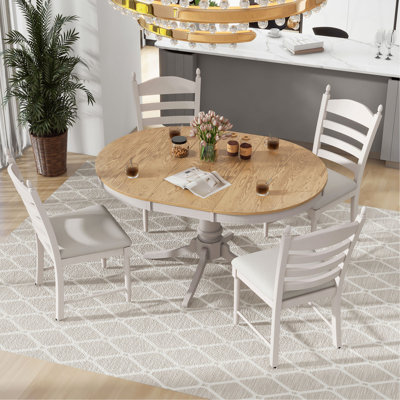 5-Piece Retro Functional Dining Table Set Wood Round Extendable Dining Table And 4 Upholstered Dining Chairs