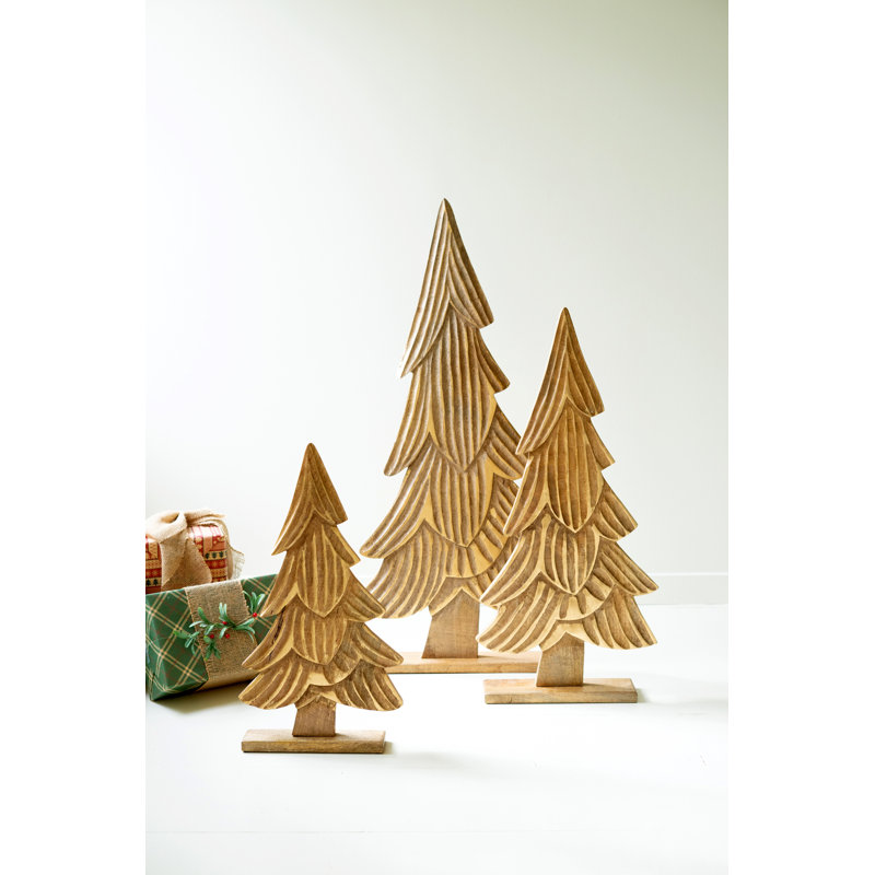 SET OF THREE CARVED WOODEN CHRISTMAS TREES ON BASES - NATURAL WITH GOLD DETAIL