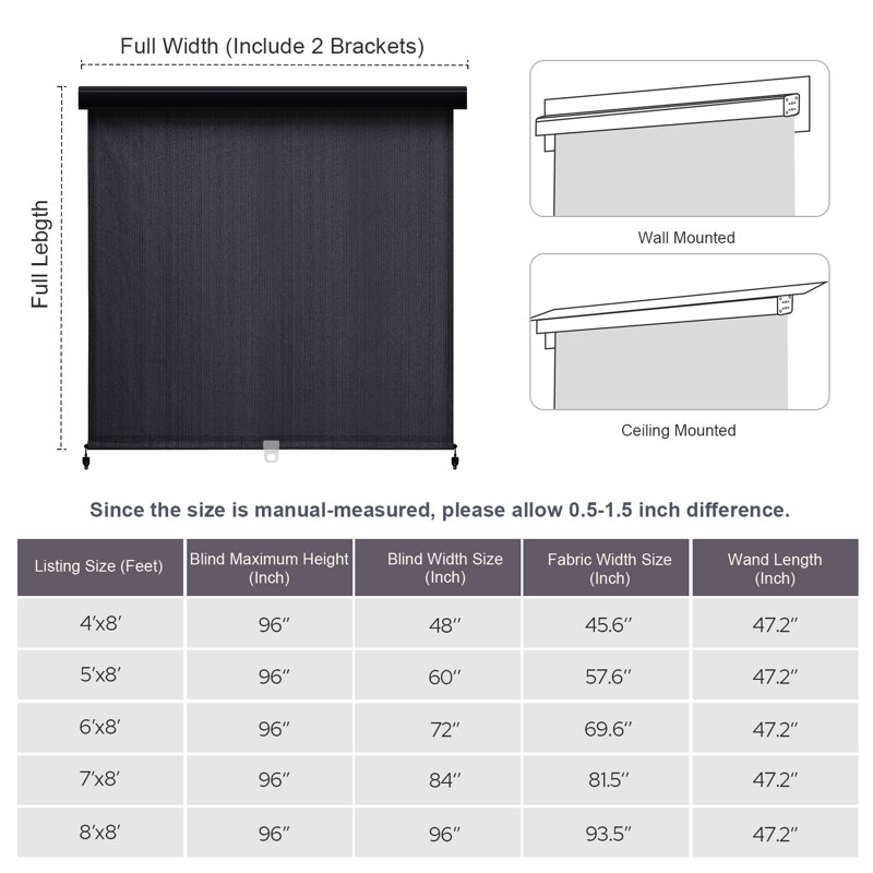 Rideau roulant d'extérieur rétractable, L 48 po x L 96 po, Noir