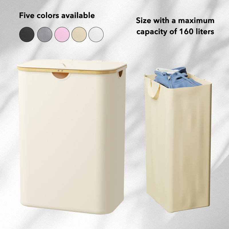 2-Section Laundry Hamper with Lid & Removable Bags, 160L Collapsible Clothes Basket with Bamboo Handles, for Bedroom, Bathroom, Dorm & Laundry Room