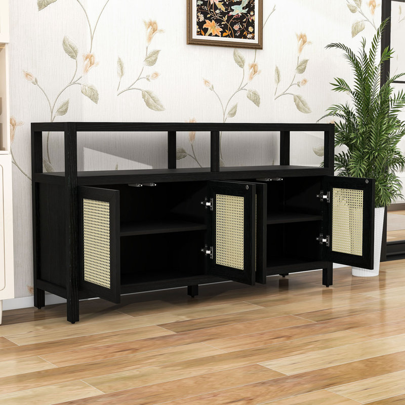 Farmhouse Wooden Sideboard Buffet Cabinet with Adjustable Shelves, Rattan Door and Cable Management, Black