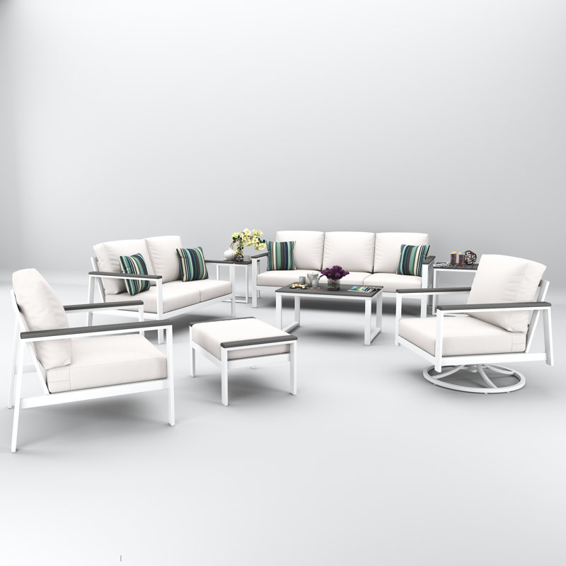 Ensemble de conversation avec coussins Sunbrella pour 7 personnes Townsend, Toile blanche, Gris