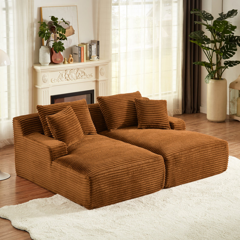 Double chaise longue orange en velours côtelé 2 places avec rembourrage à ressort pour la lecture dans le salon Aucun assemblage requis