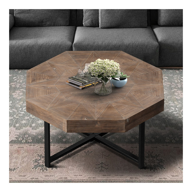 Table basse octogonale en bois avec patchwork de style campagnard 30 pouces, Brun antique