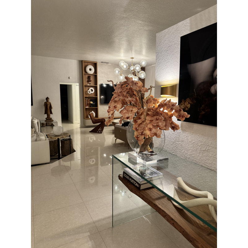 16" Glass Moon Vase With Light Brown Orchids And Driftwood, Brown