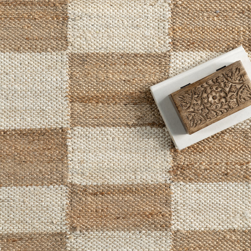 Ivory and Beige Checkered Cotton Jute Rectangular Rug
