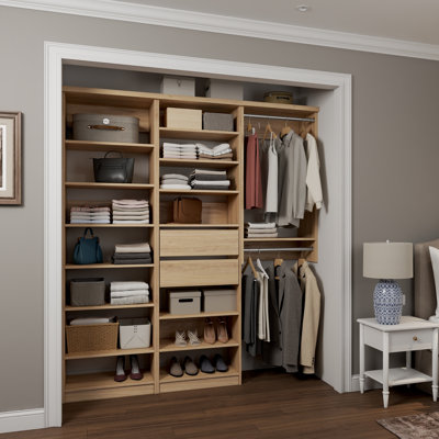 Natural Oak 58.5" Floor-Mounted Single Wall Closet System with 3 Sections, 2 Clothing Rods, 14 Shelves & 2 Reveal Drawers
