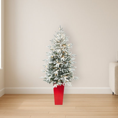 Flocked Manchester Spruce Artificial Christmas Tree with Red Tower Planter