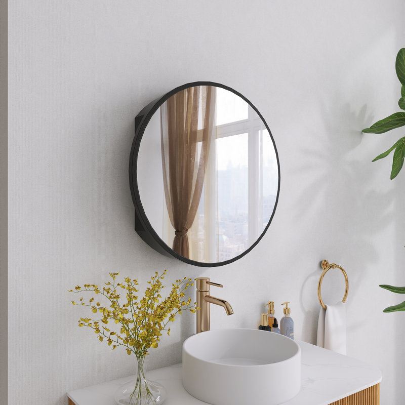 Round Framed Surface Mount Medicine Cabinet Mirror with Shelves, 24", Black