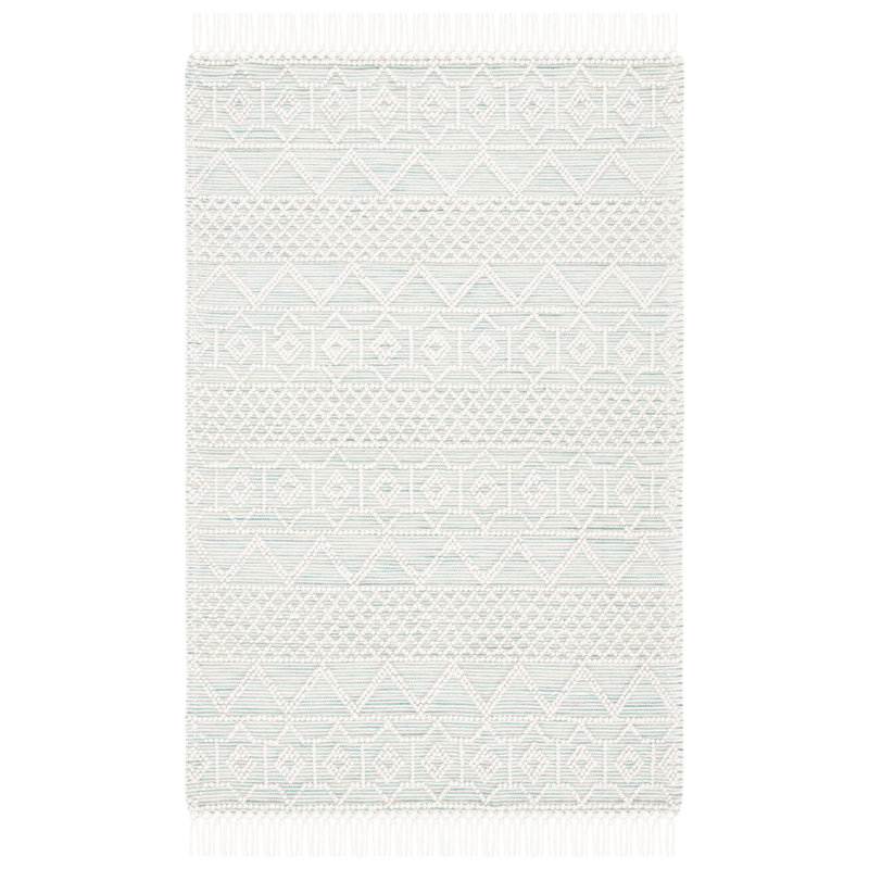 Tapis géométrique fait à la main de couleur ivoire / vert clair Aldeline, Rectangle 8 pi x 10 pi