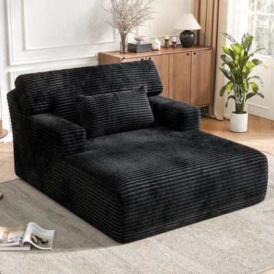 Oversized Corduroy Chaise Lounge Chair, Plush Upholstered Sleeper Chair With Back & Throw Pillow For Living Room, No Assembly Required