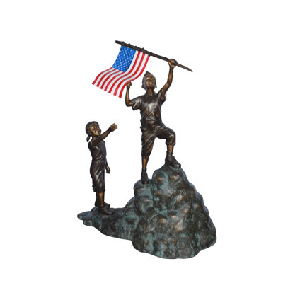 Two Kids On Rock W The American Flag Bronze Statue -  Size: 50"L X 22"W X 58"H.