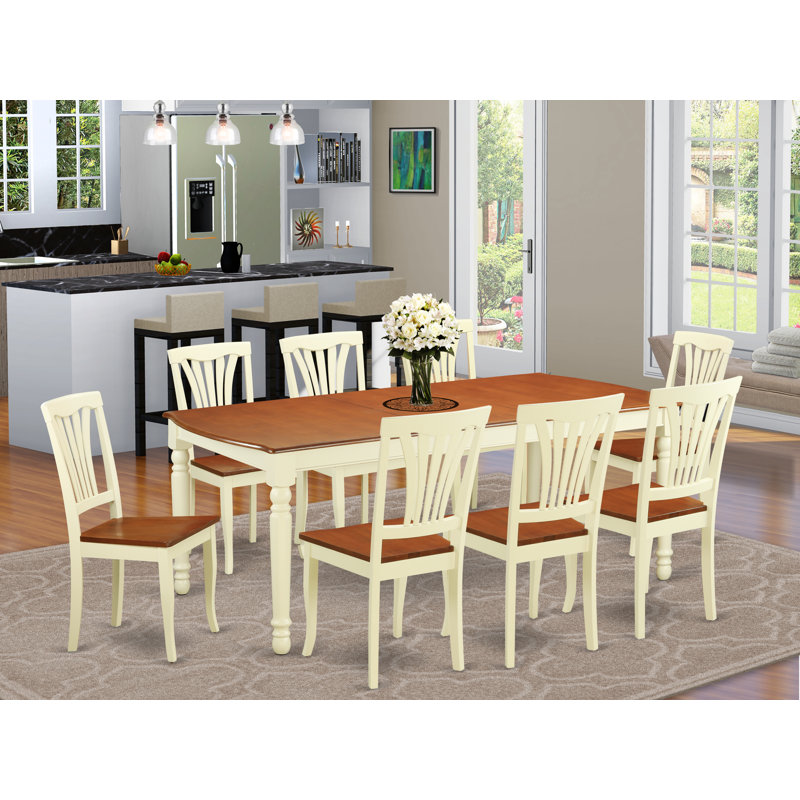Ensemble de table de salle à manger 9 pièces comprenant une table de salle à manger rectangulaire avec rallonge papillon et 8 chaises en bois, babeurre 42 po x 78 po
