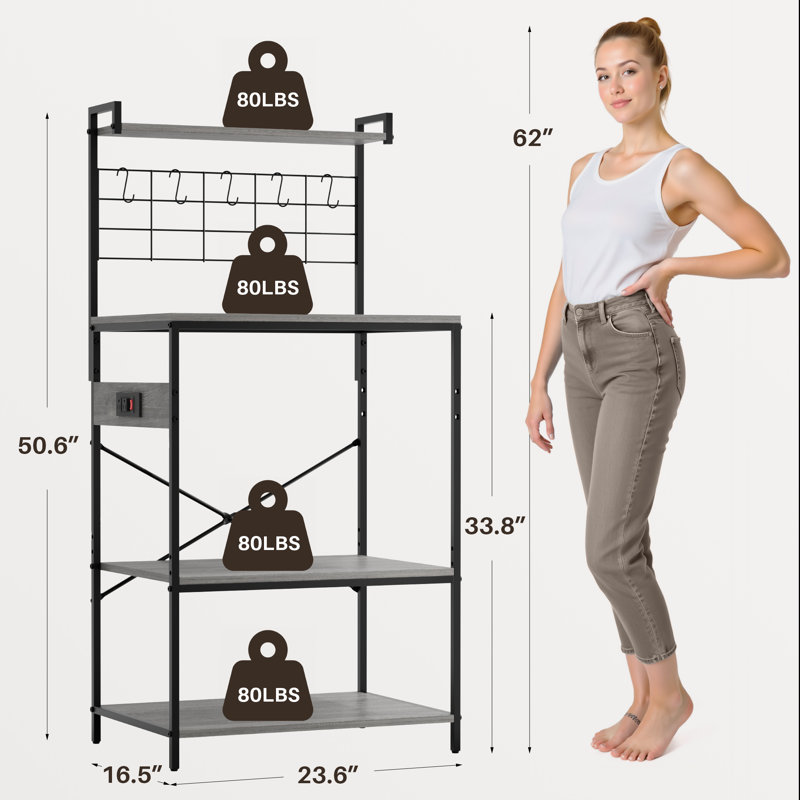 Kitchen Bakers Rack with Power Outlet, Small Microwave Stand with Adjustable Storage Shelves, Coffee Bar Table with 5 Hooks, 4 Tiers Kitchen Coffee Stand Station for Small Space