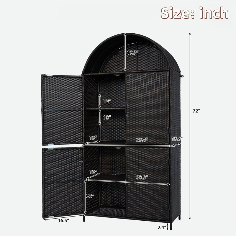 Grande armoire de rangement extérieure en osier avec tablettes réglables, tablette supérieure ouverte et pieds de support réglables en hauteur