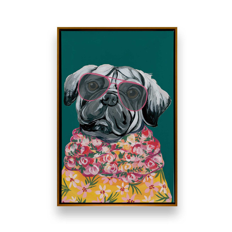 «Smug Pug» par Yvette St. Amant, reproduction d'art, H 32 po x l 24 po, Cadre flottant, Doré