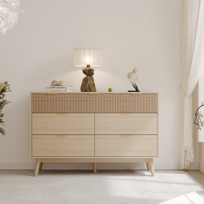 Natural Wood Color 7-Drawer Dresser - Striped Surface And Gold Handles