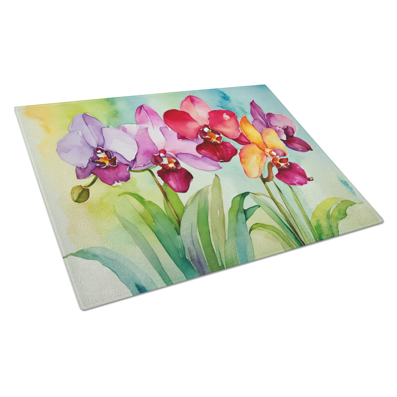 Orchids in Watercolor Glass Cutting Board Large