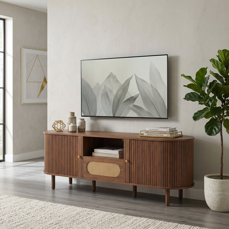 Console de télévision avec tablettes réglables et porte coulissante, Noyer, H 22,4 po x L 63 po x l 22,4 po