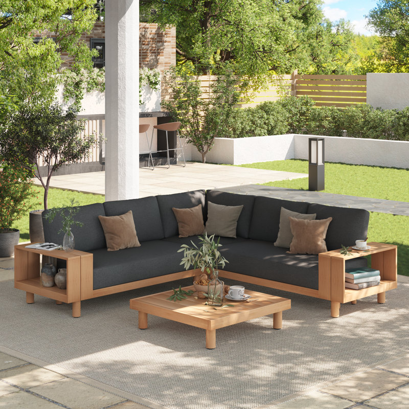 4 PCS Outdoor Eucalyptus Sectional Seating Group With Cushions, Black