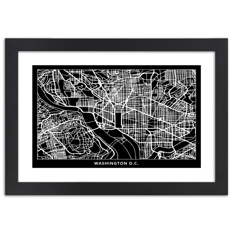 Washington Dc City Map - Single Picture Frame Print, Black, 70cm H x 100cm W