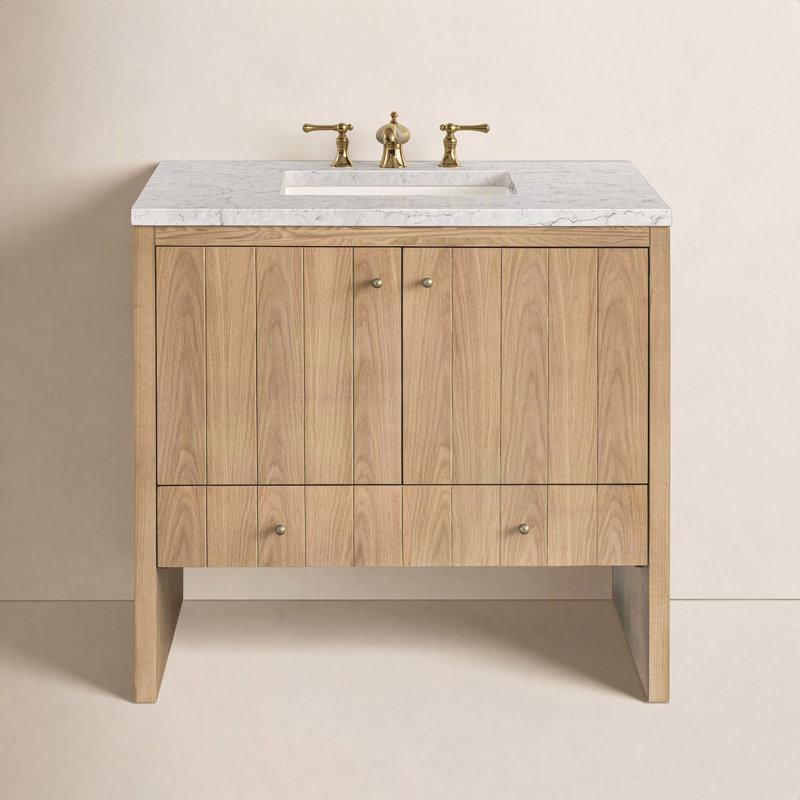 Hudson 36'' Single Bathroom Vanity with Top, Eternal Jasmine Pearl, 8" Widespread, Light Natural Oak