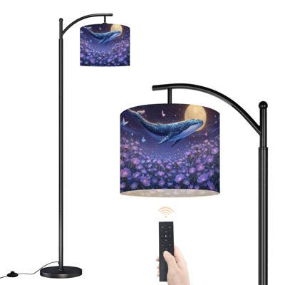 Arc Floor Lamp Magical Night Sky Glowing Whale Purple Flower Meadow Floor Lamps with Remote LED Lights Adjustable Lamp Shades Tall Standing Lamps for Reading Office Living Room