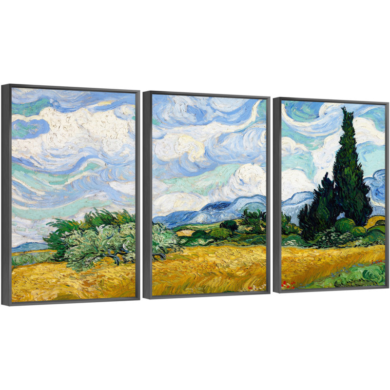 «Wheat Field With Cypresses» par Vincent Van Gogh - Ensemble de 3 reproductions de cadres photo sur toile, Noir